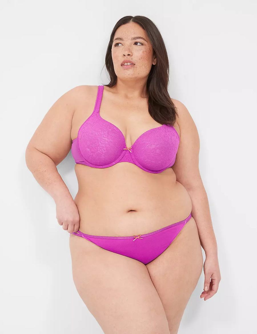 Purple Burgundy Lane Bryant Cotton String with Stretch Lace Back Women Bikini Panty | MRF3583AC