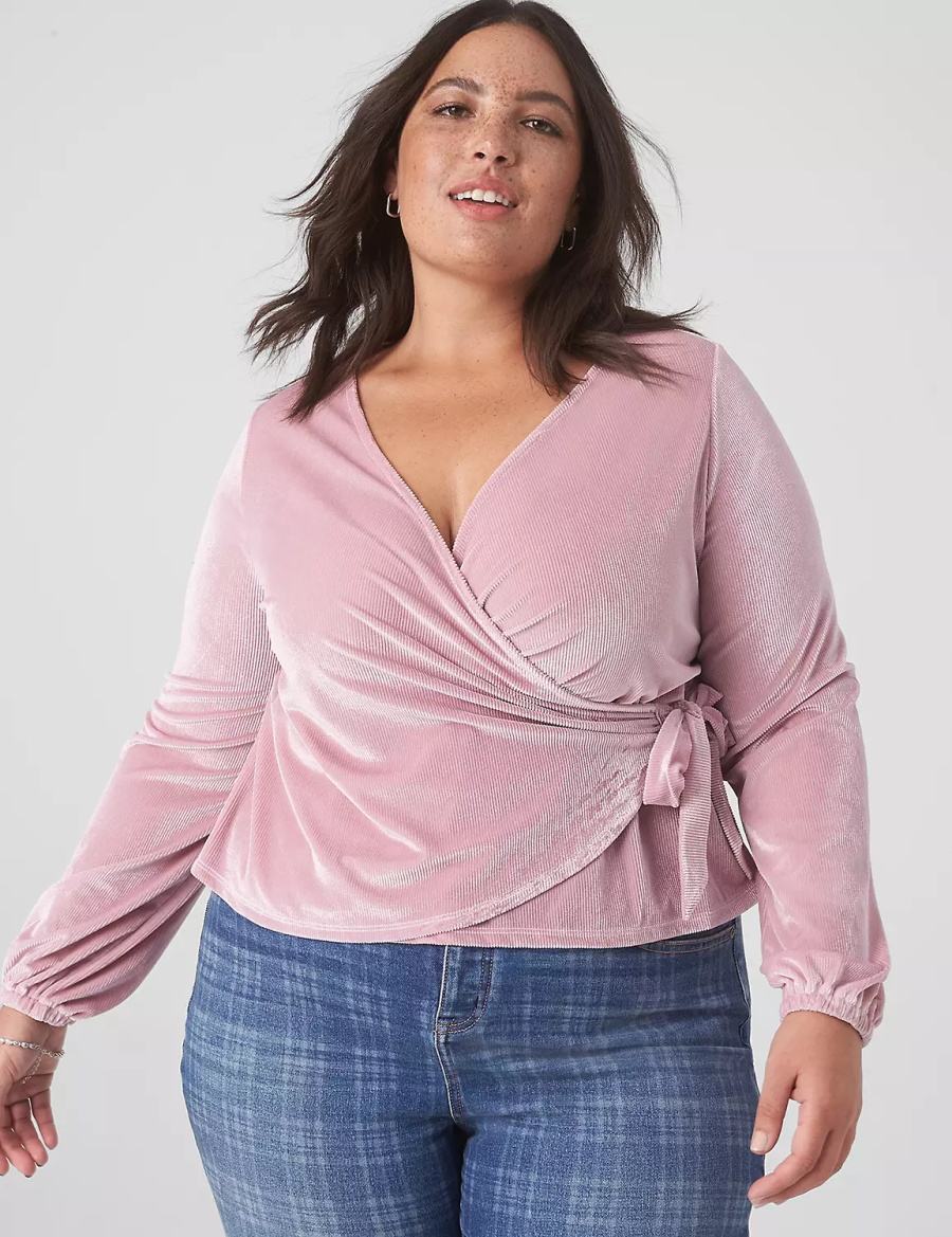 Purple Lane Bryant Classic Blouson-Sleeve Surplice Tie Velour Top Women T Shirts | VVP9797BQ