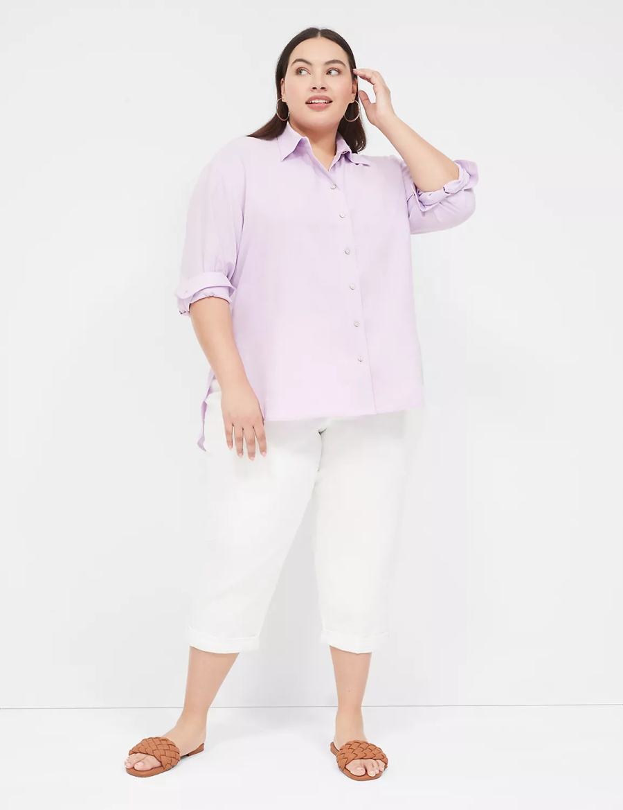 Purple Lane Bryant Relaxed Linen Button-Down Women Shirts | ZOC4782FA