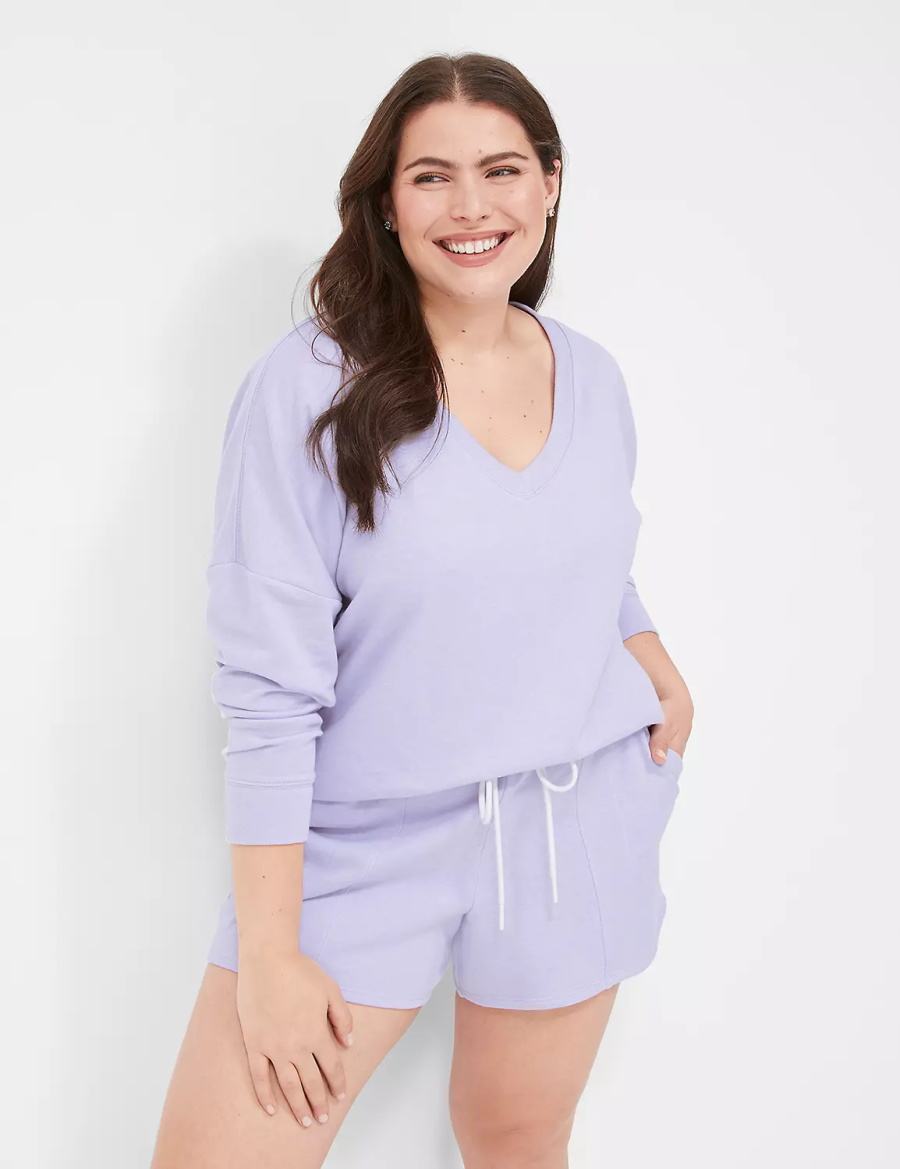 Purple Lane Bryant Terry Fleece V-Neck Top Women T Shirts | QDI471JZ