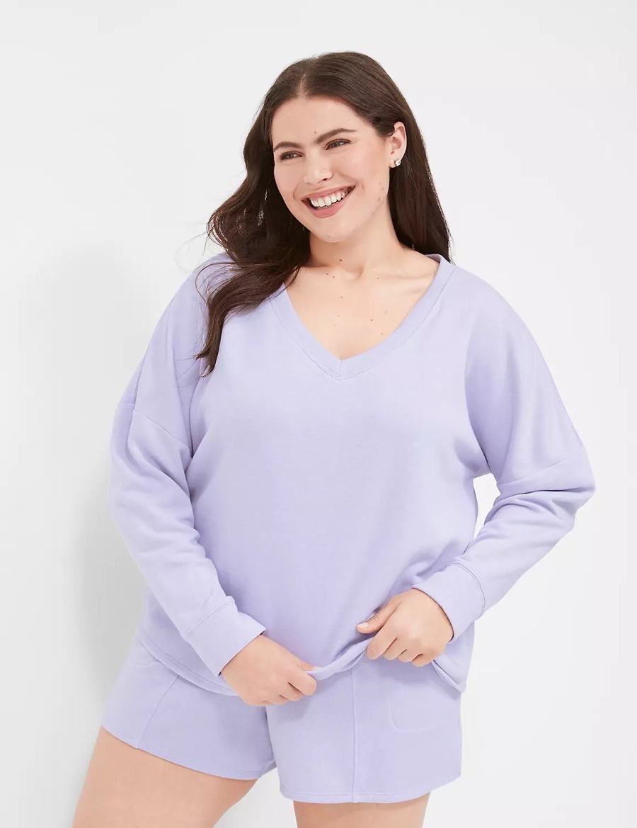 Purple Lane Bryant Terry Fleece V-Neck Top Women T Shirts | QDI471JZ