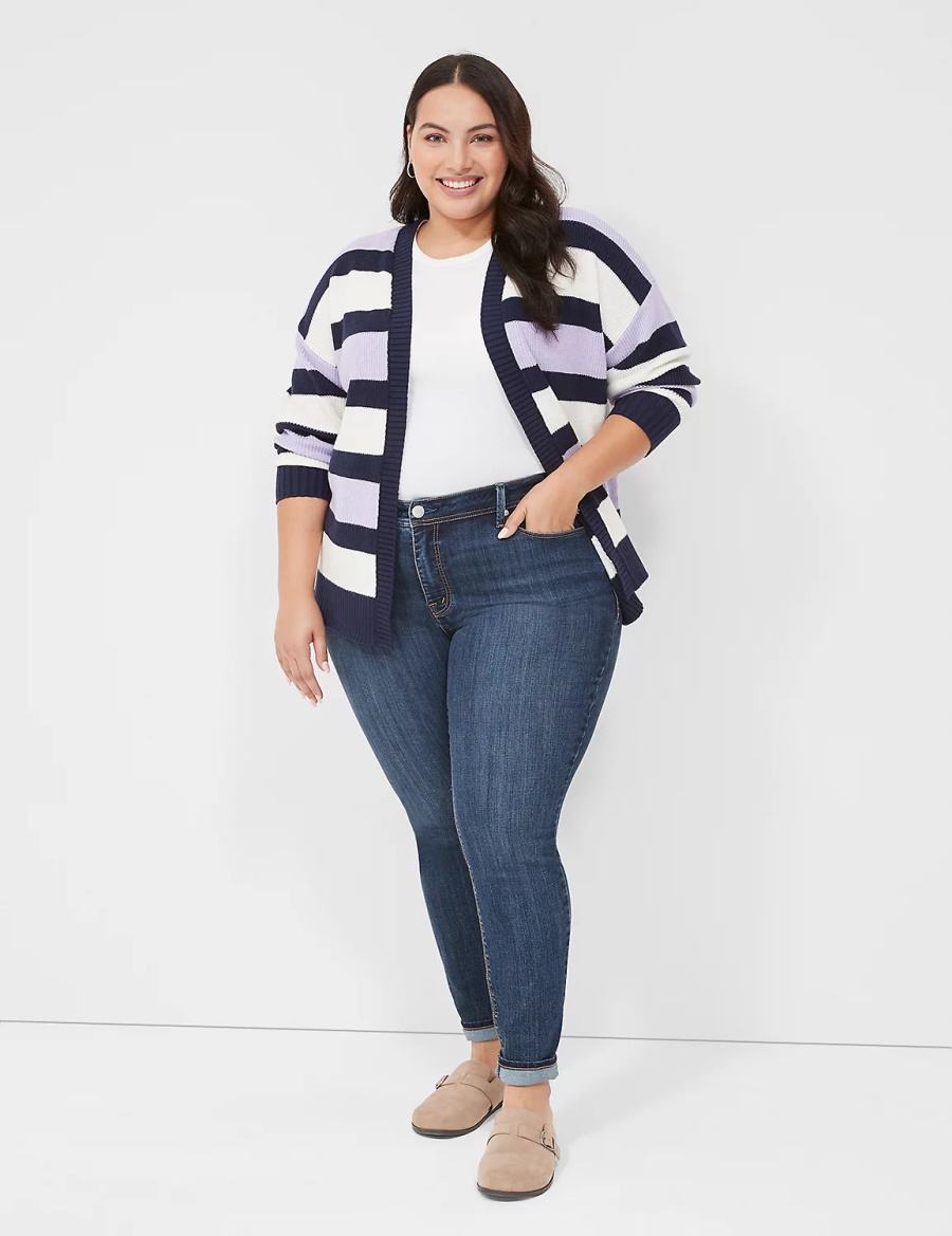 Purple Navy Stripes Lane Bryant Open-Front Stripe Women Cardigan | QPC9460RH