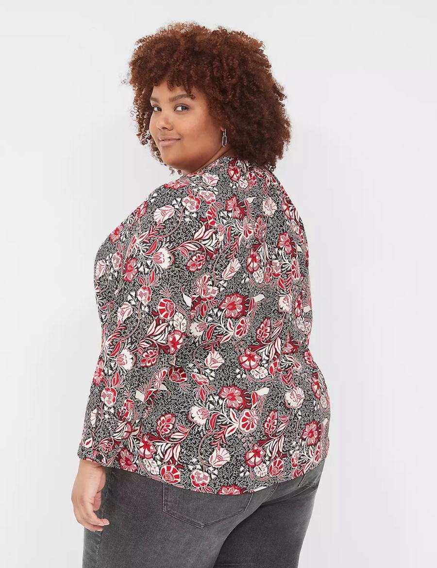 Red Black Lane Bryant Gathered Ruffle V-Neck Popover Women Shirts | WXG458WE