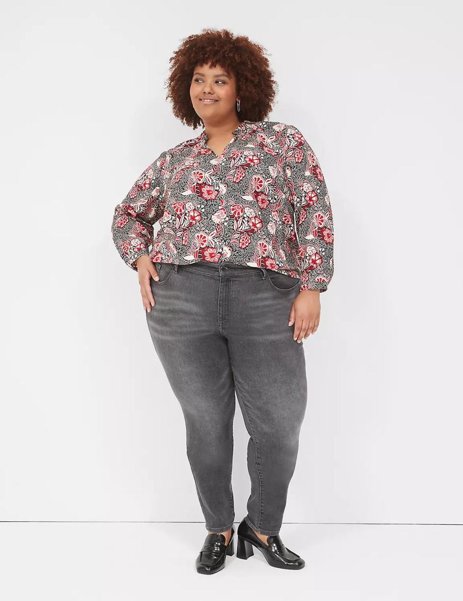 Red Black Lane Bryant Gathered Ruffle V-Neck Popover Women Shirts | WXG458WE