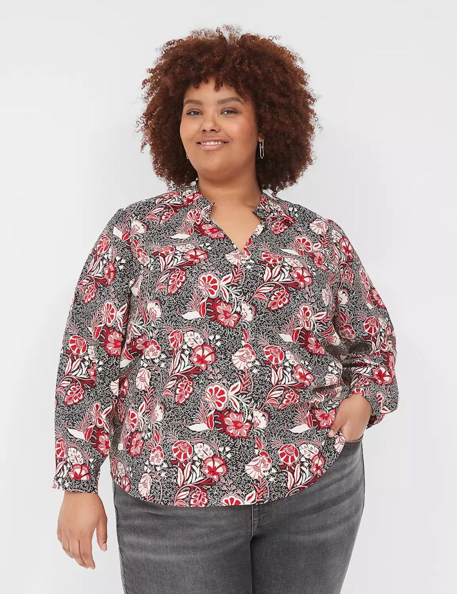 Red Black Lane Bryant Gathered Ruffle V-Neck Popover Women Shirts | WXG458WE