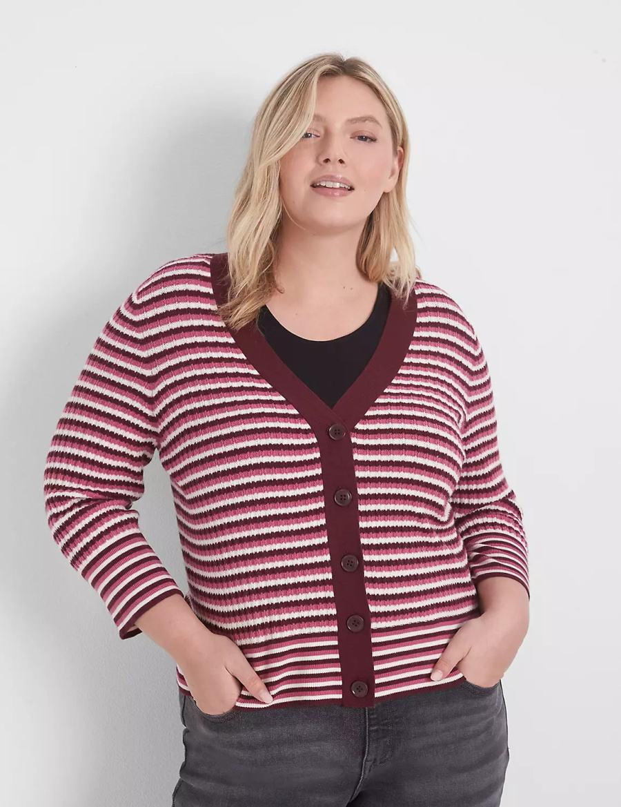 Red Lane Bryant Classic 3/4-Sleeve V-Neck Button-Front - Stripe Women Cardigan | YAN631AH