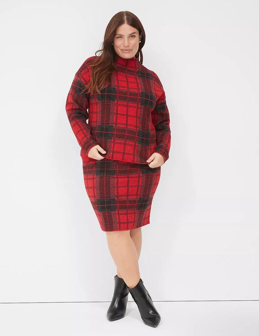 Red Lane Bryant Mock-Neck Plaid Women Sweaters | IUG7453RU