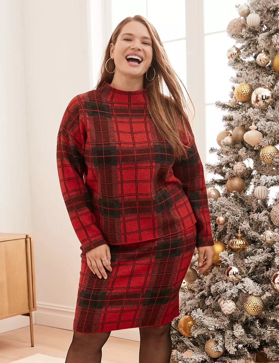 Red Lane Bryant Mock-Neck Plaid Women Sweaters | IUG7453RU