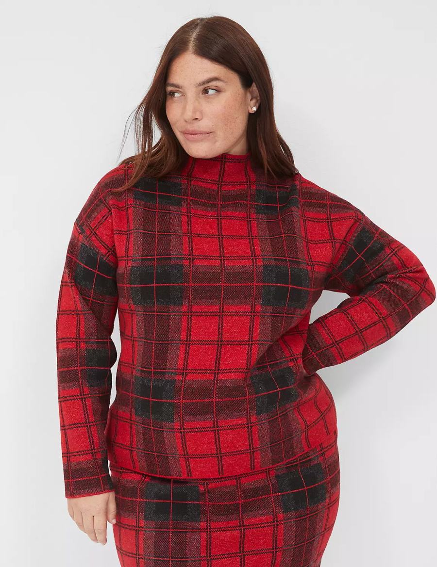 Red Lane Bryant Mock-Neck Plaid Women Sweaters | IUG7453RU