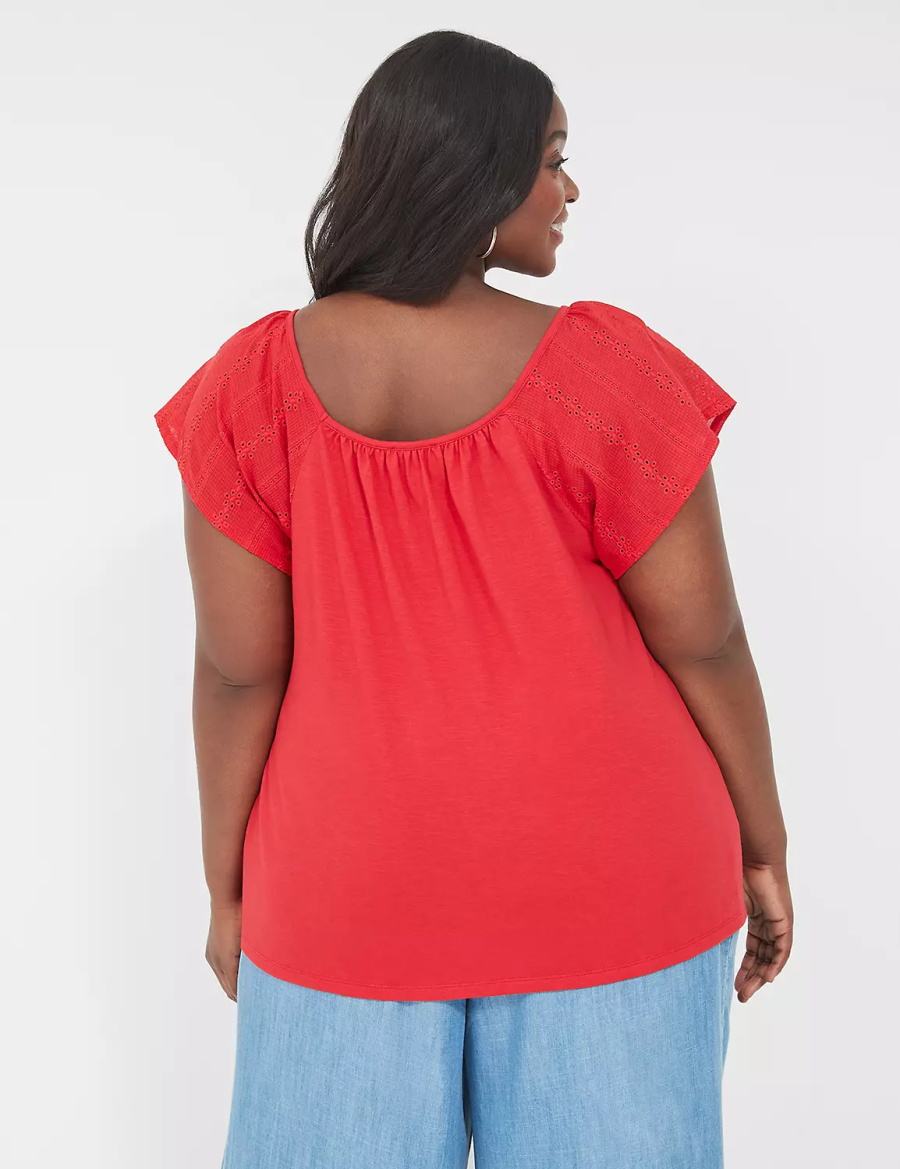 Red Lane Bryant Relaxed Eyelet-Sleeve Smocked-Neck Top Women T Shirts | MUK695LW