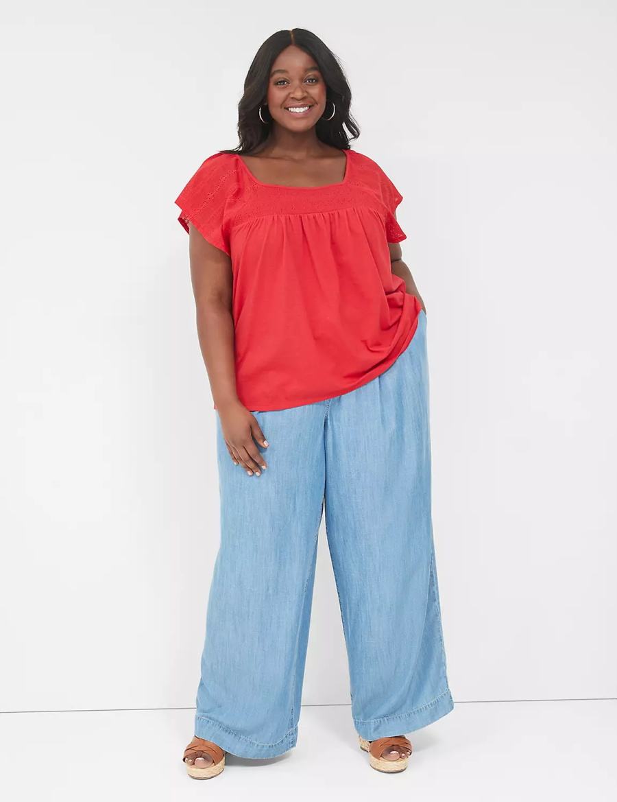 Red Lane Bryant Relaxed Eyelet-Sleeve Smocked-Neck Top Women T Shirts | MUK695LW