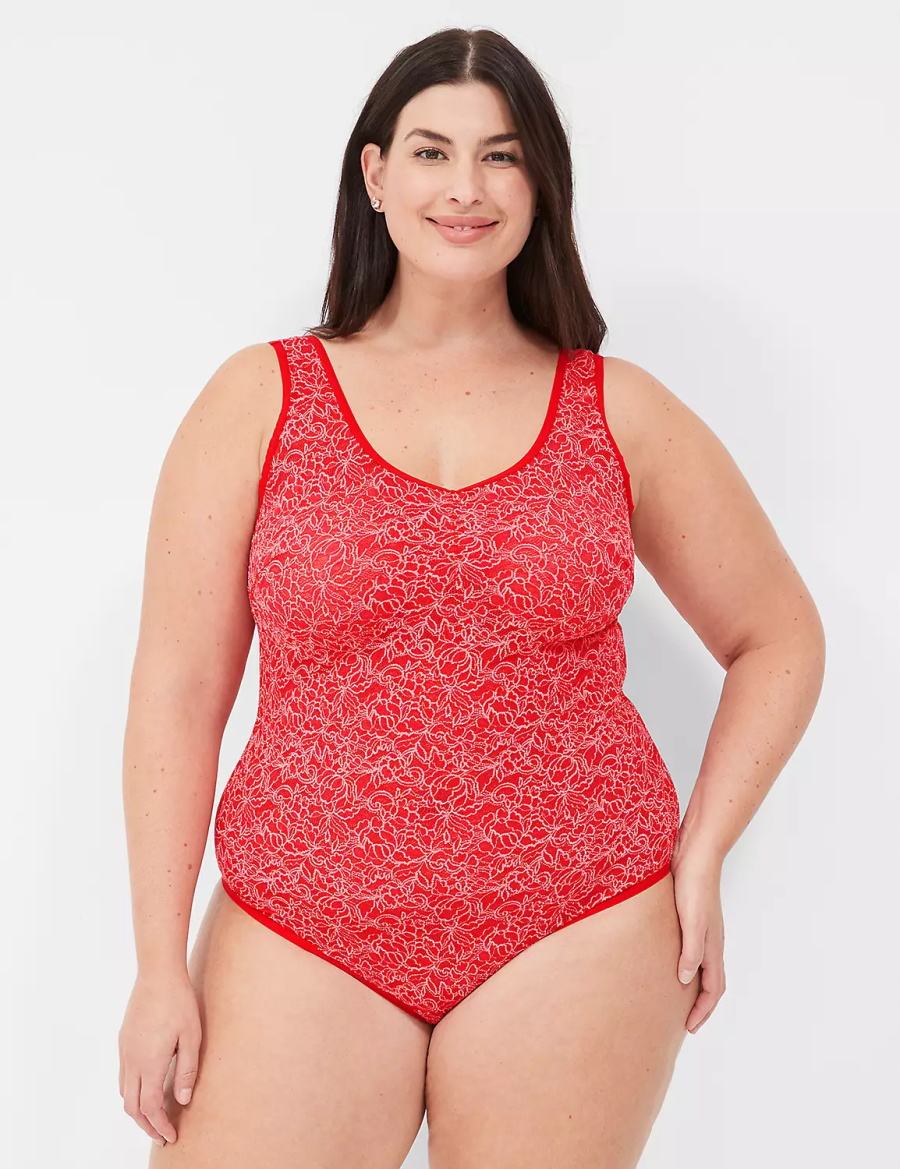 Red Lane Bryant Stretch Lace Cross-Dyed Women Bodysuit | CGC3395XF