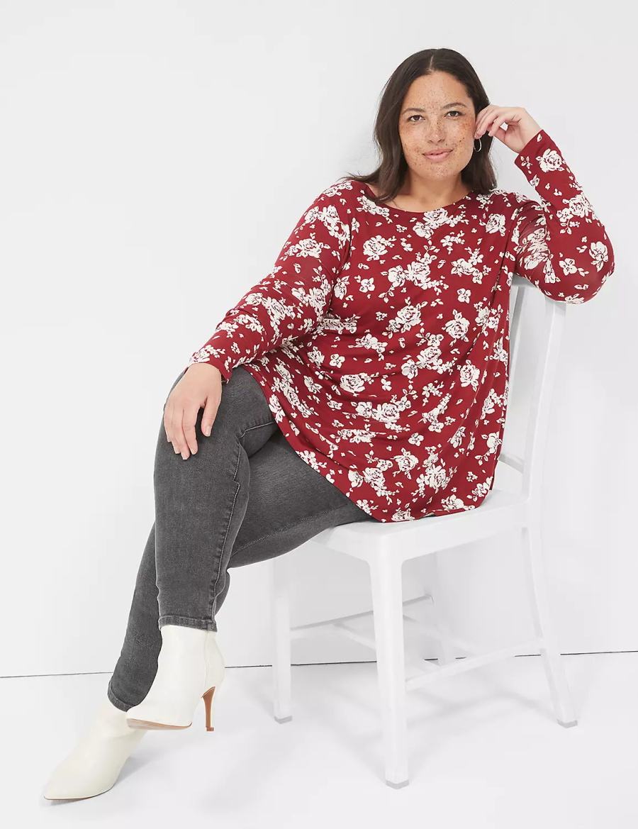 Red White Lane Bryant Swing Long-Sleeve Crew-Neck Tee Women T Shirts | HDW6718HL