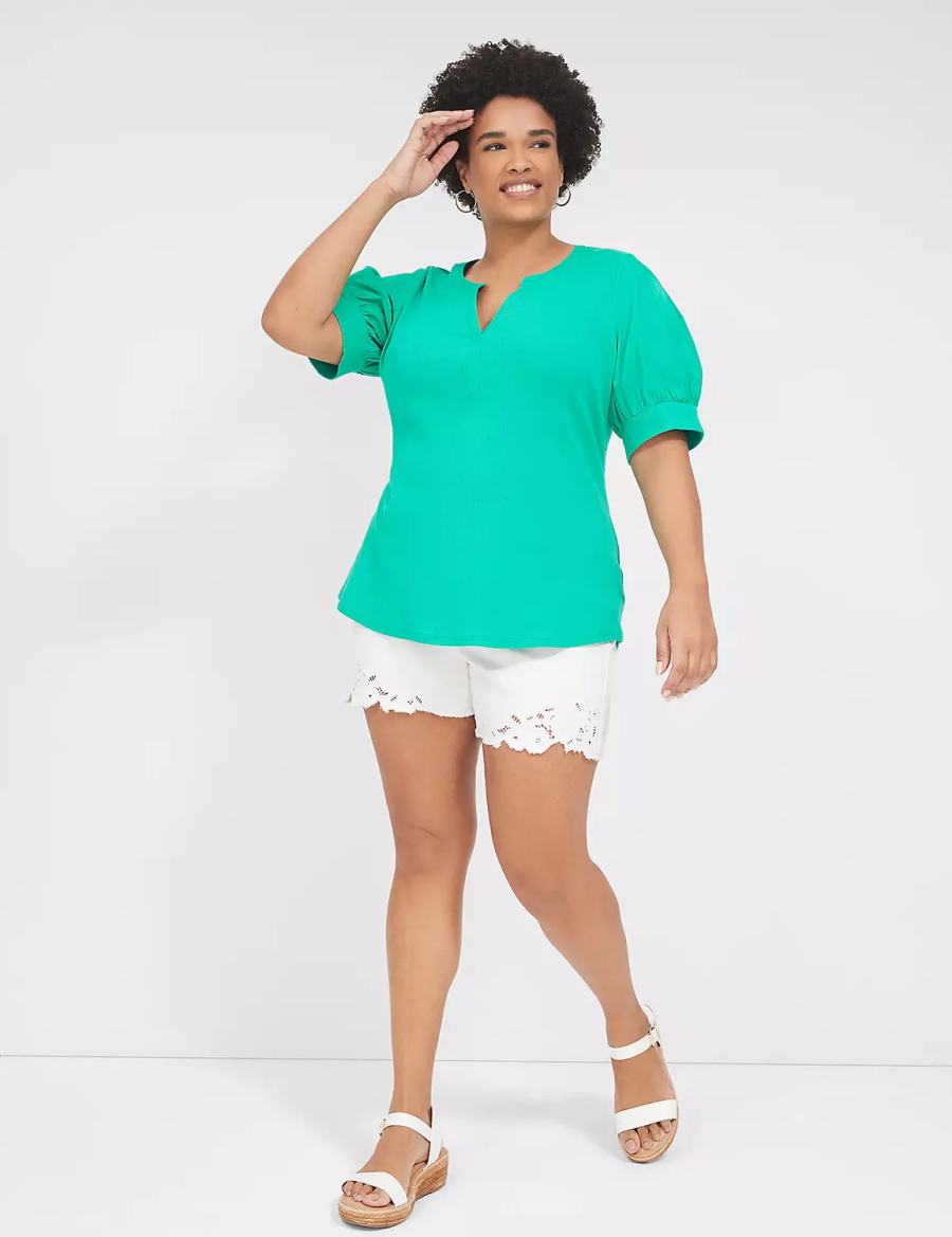 Turquoise Lane Bryant Elbow-Sleeve Split-Neck Top Women T Shirts | NCR7577OK