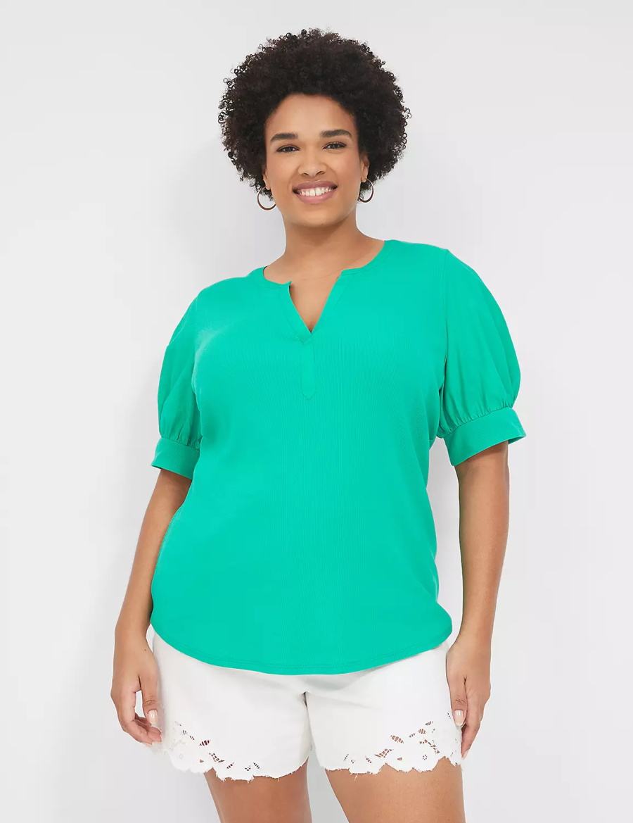 Turquoise Lane Bryant Elbow-Sleeve Split-Neck Top Women T Shirts | NCR7577OK