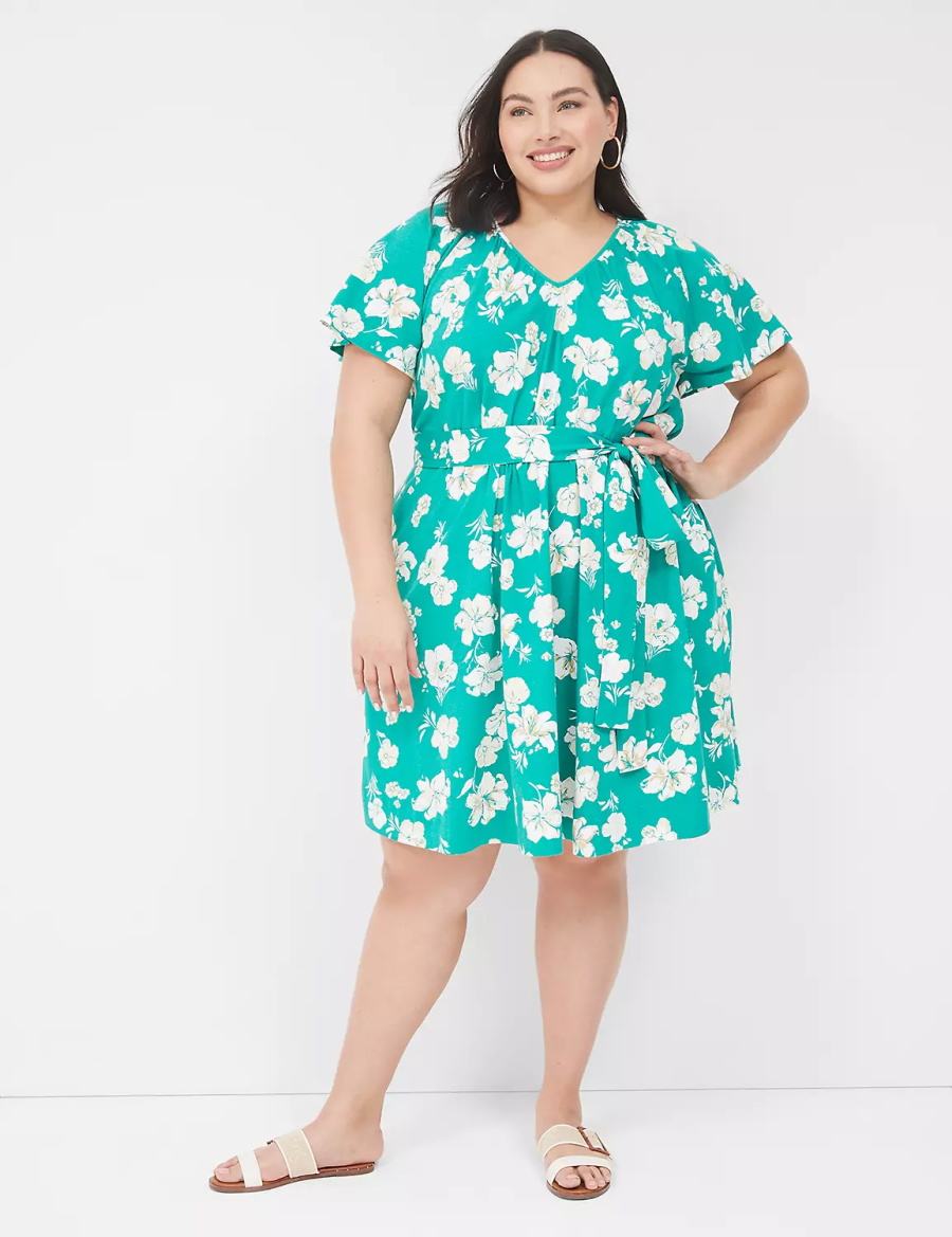 Turquoise Lane Bryant Flutter-Sleeve Tie-Waist Women Casual Dress | BNE6560UB