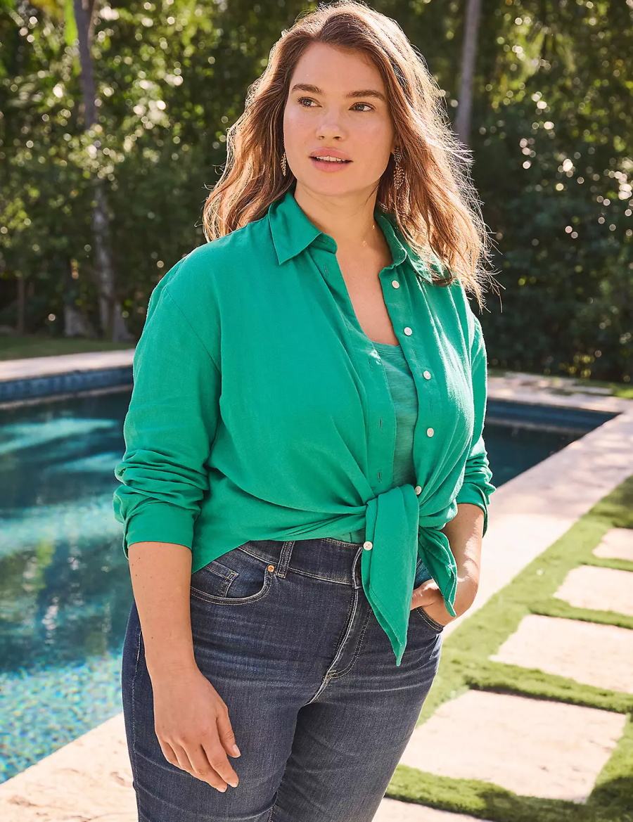 Turquoise Lane Bryant Relaxed Linen Button-Down Women Shirts | AQA2815RT