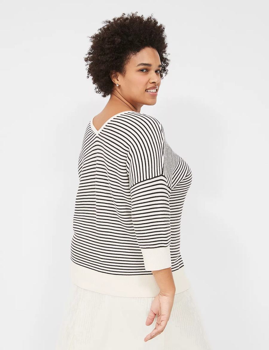 White Black Lane Bryant 3/4-Sleeve V-Neck Striped Women Sweaters | TUQ4781GR