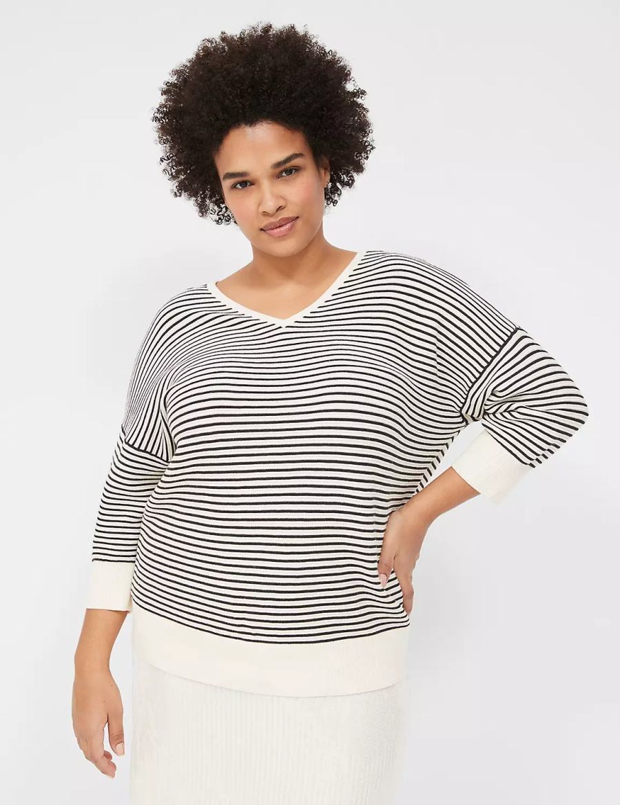 White Black Lane Bryant 3/4-Sleeve V-Neck Striped Women Sweaters | TUQ4781GR