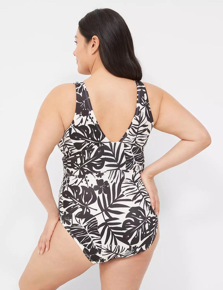 White Black Lane Bryant No-Wire Plunge One-Piece Women Swimsuits | GGG2777PP