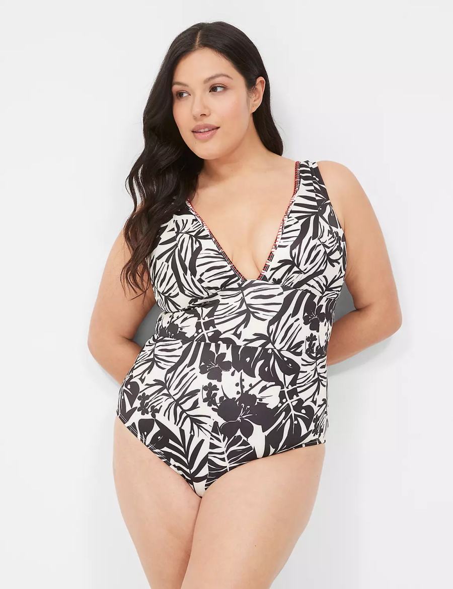 White Black Lane Bryant No-Wire Plunge One-Piece Women Swimsuits | GGG2777PP