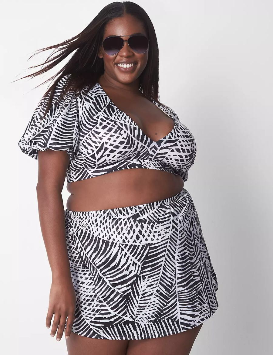 White Black Lane Bryant No-Wire Puff-Sleeve Swim Women Bikini Top | NDG4654DJ