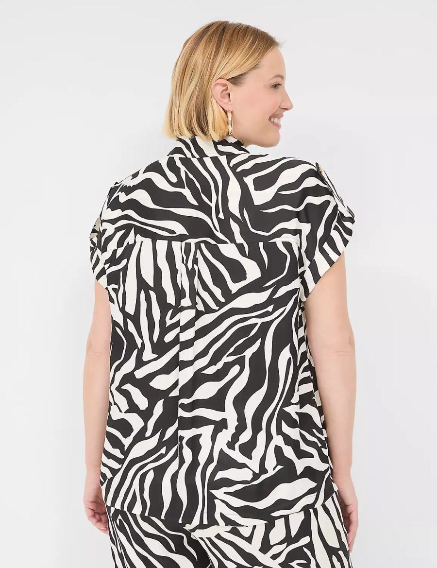 White Black Lane Bryant Short-Sleeve Collared Safari Women Shirts | NNZ10049SB