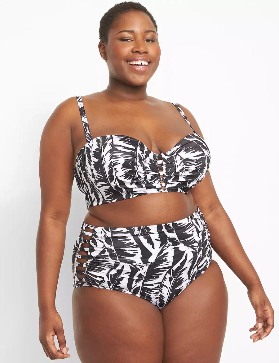 White Black Lane Bryant Strappy Ruched-Side Swim Women Briefs | GGY8486PC