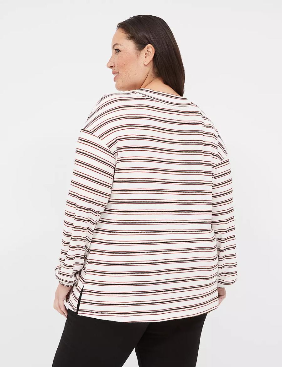 White Black Stripes Lane Bryant Lurex Blouson-Sleeve V-Neck Tunic Women T Shirts | ASM8567ZE