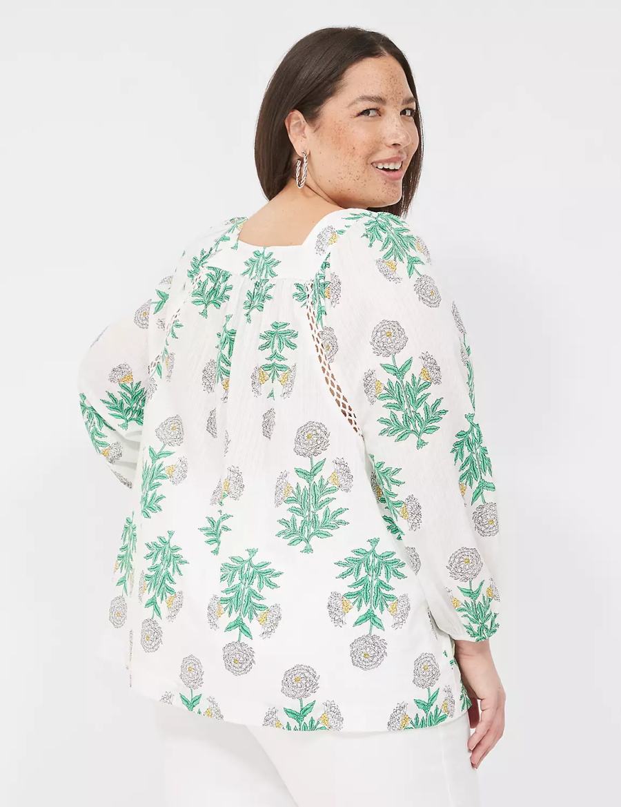 White Green Lane Bryant Swing Square-Neck Peasant Women Blouse | MJW9275EB