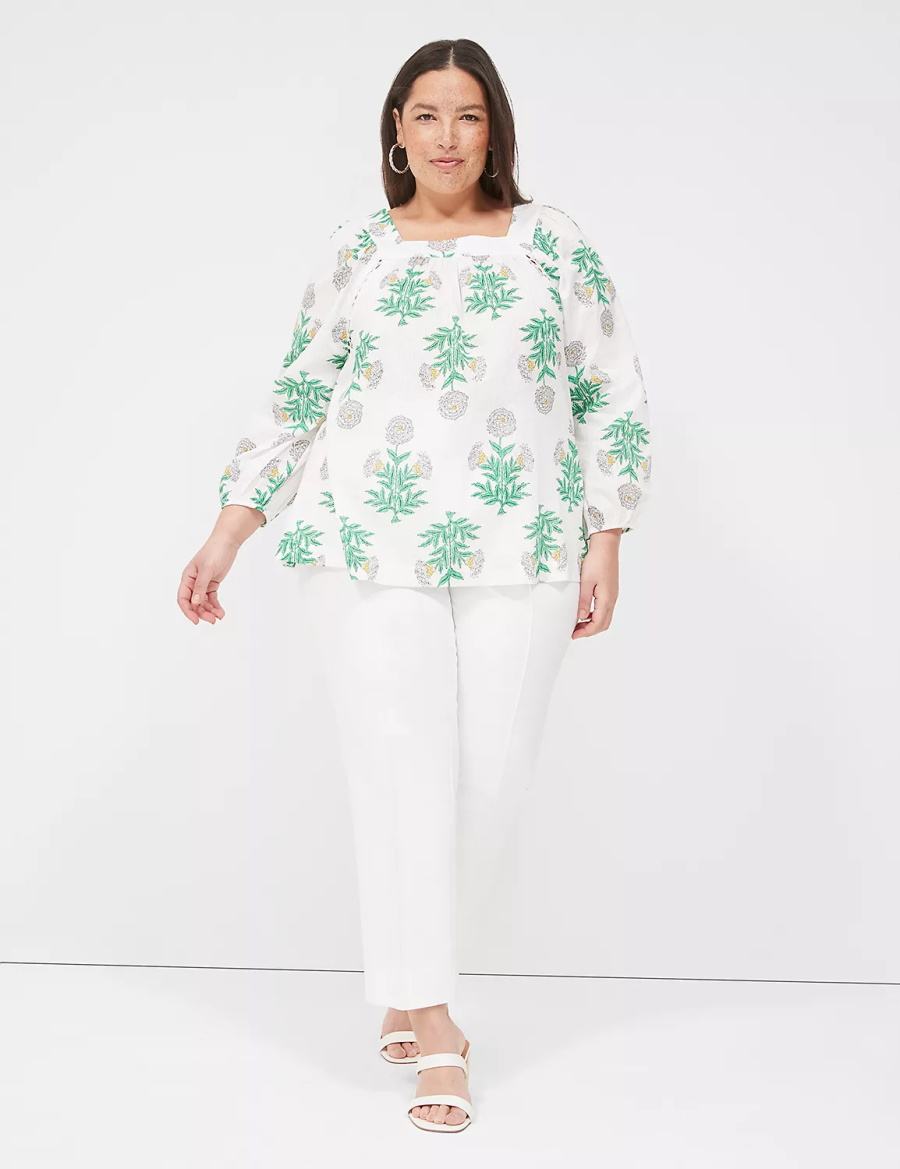 White Green Lane Bryant Swing Square-Neck Peasant Women Blouse | MJW9275EB