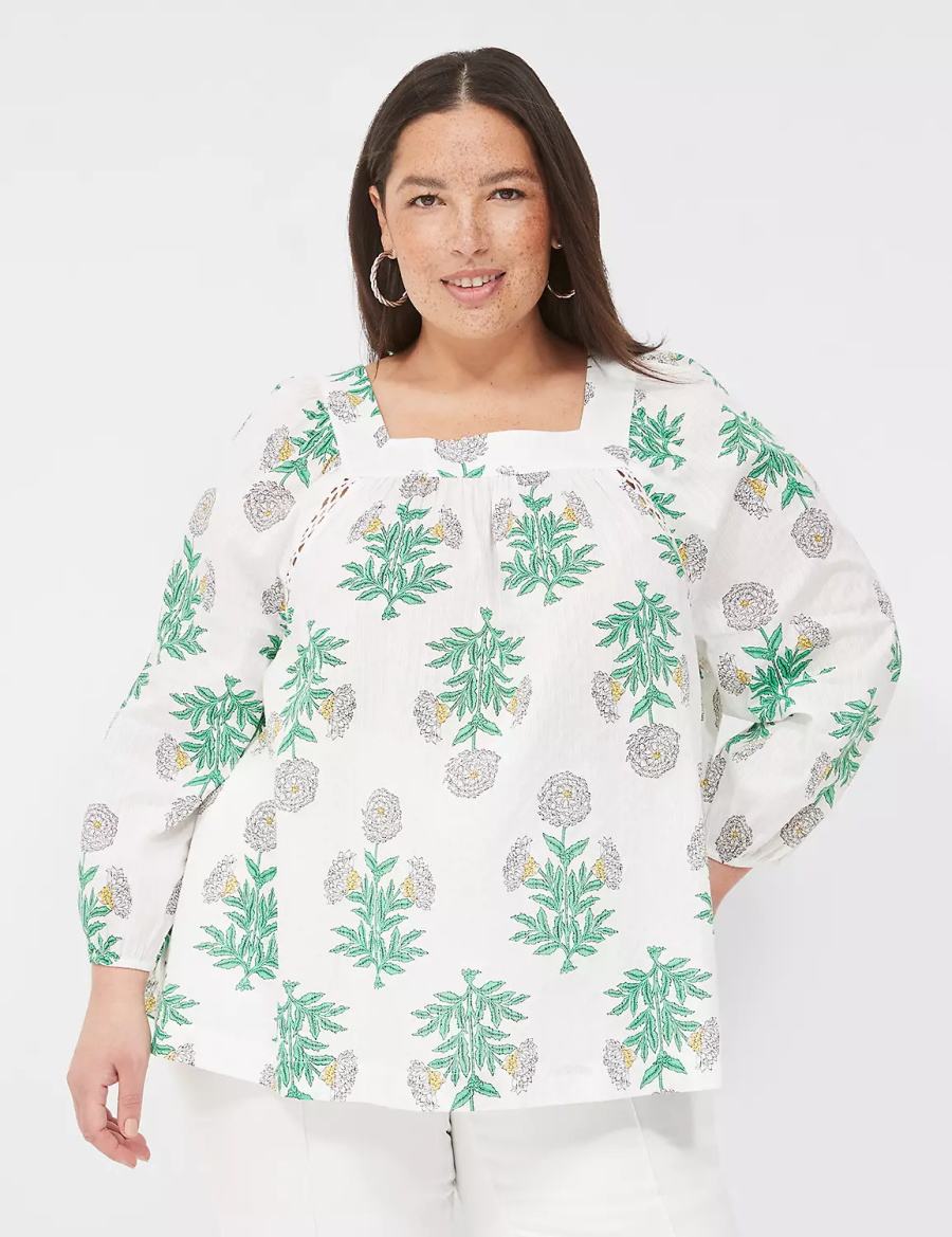 White Green Lane Bryant Swing Square-Neck Peasant Women Blouse | MJW9275EB