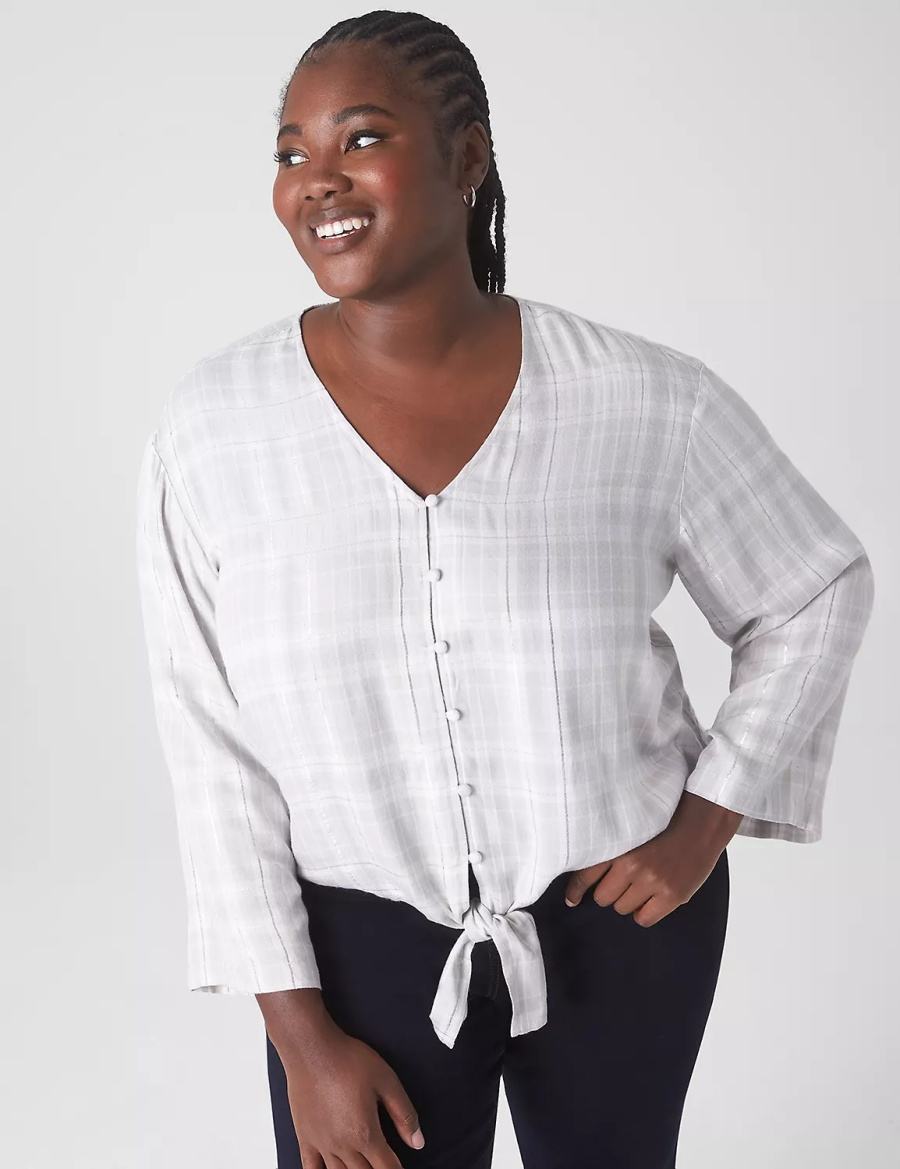 White Lane Bryant Classic Button-Down Tie-Hem Top Women Shirts | MIB5962GN