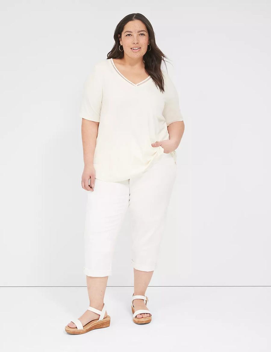 White Lane Bryant Perfect Sleeve V-Neck Trim-Detail Tee Women T Shirts | UKT7552JJ