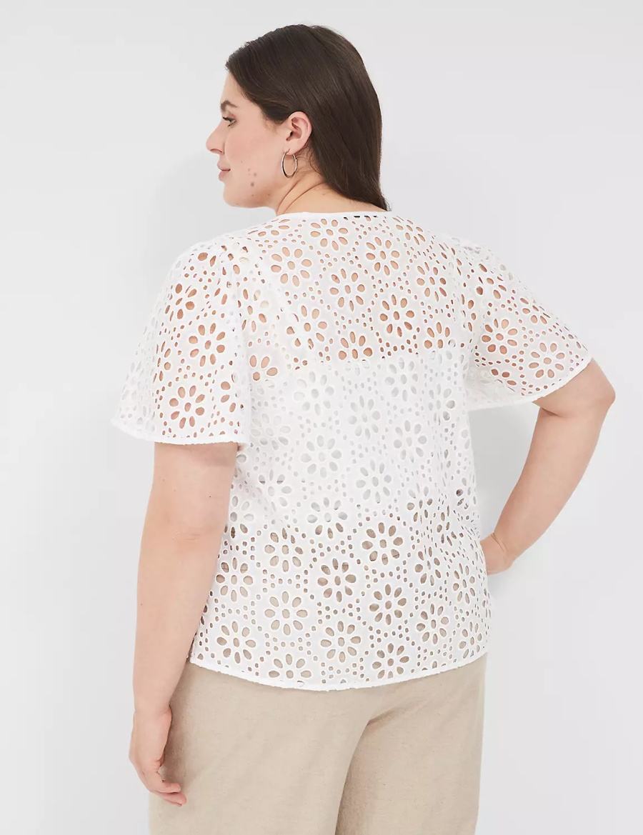 White Lane Bryant Sheer Flutter-Sleeve Eyelet Top Women T Shirts | QKG9870HO