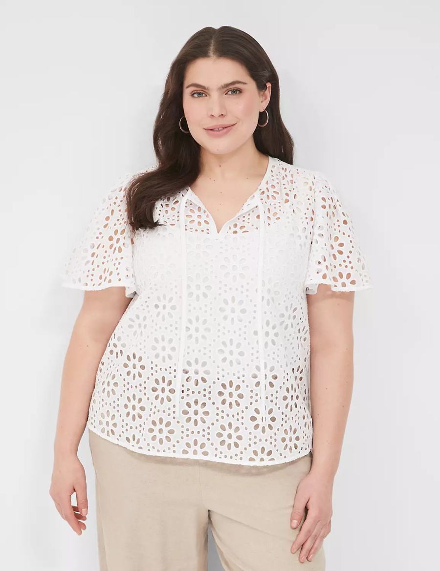 White Lane Bryant Sheer Flutter-Sleeve Eyelet Top Women T Shirts | QKG9870HO