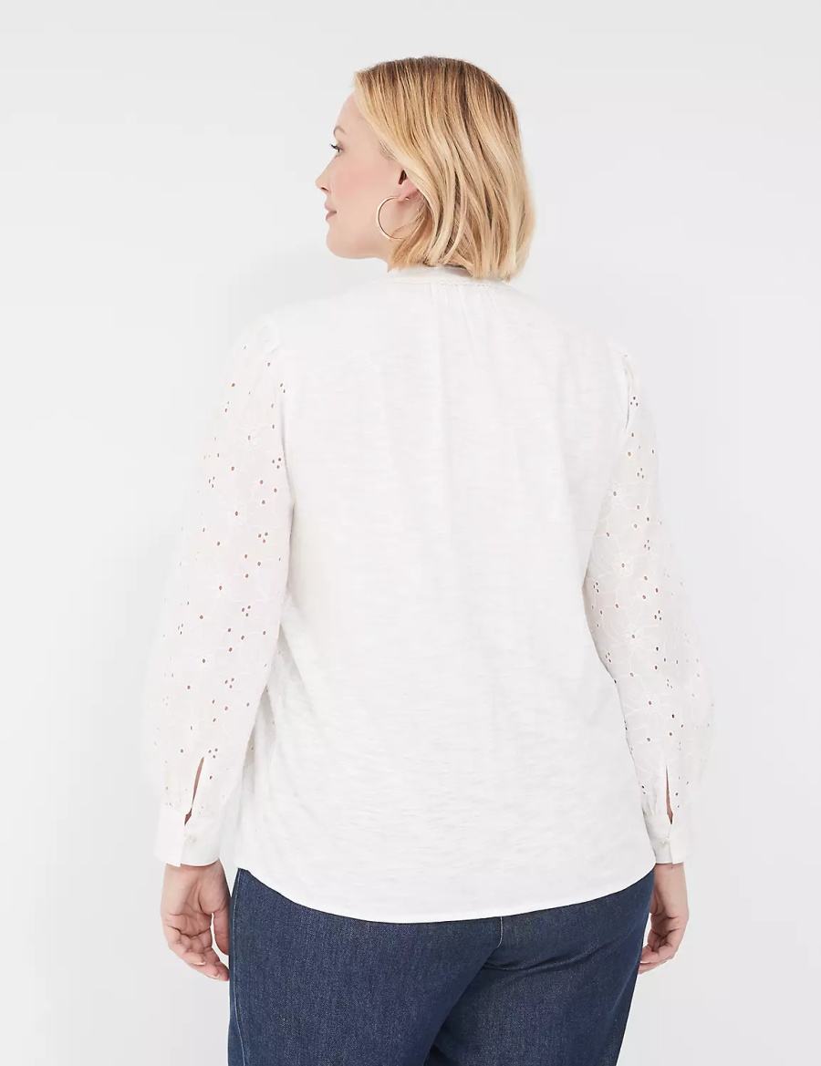 White Lane Bryant Split-Neck Eyelet & Knit Women Blouse | XGO8641VN