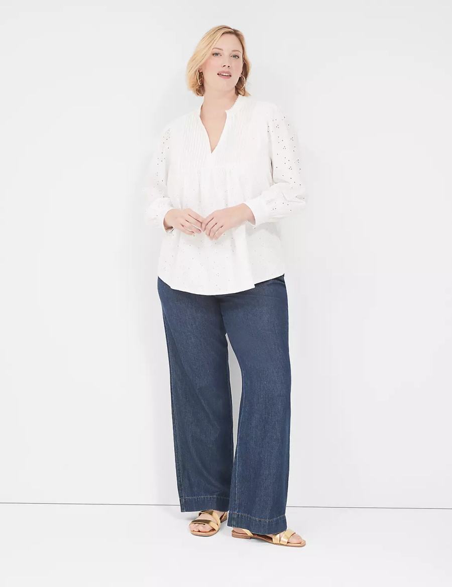 White Lane Bryant Split-Neck Eyelet & Knit Women Blouse | XGO8641VN