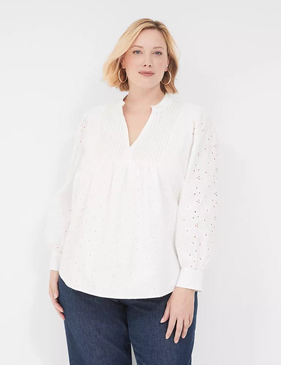 White Lane Bryant Split-Neck Eyelet & Knit Women Blouse | XGO8641VN