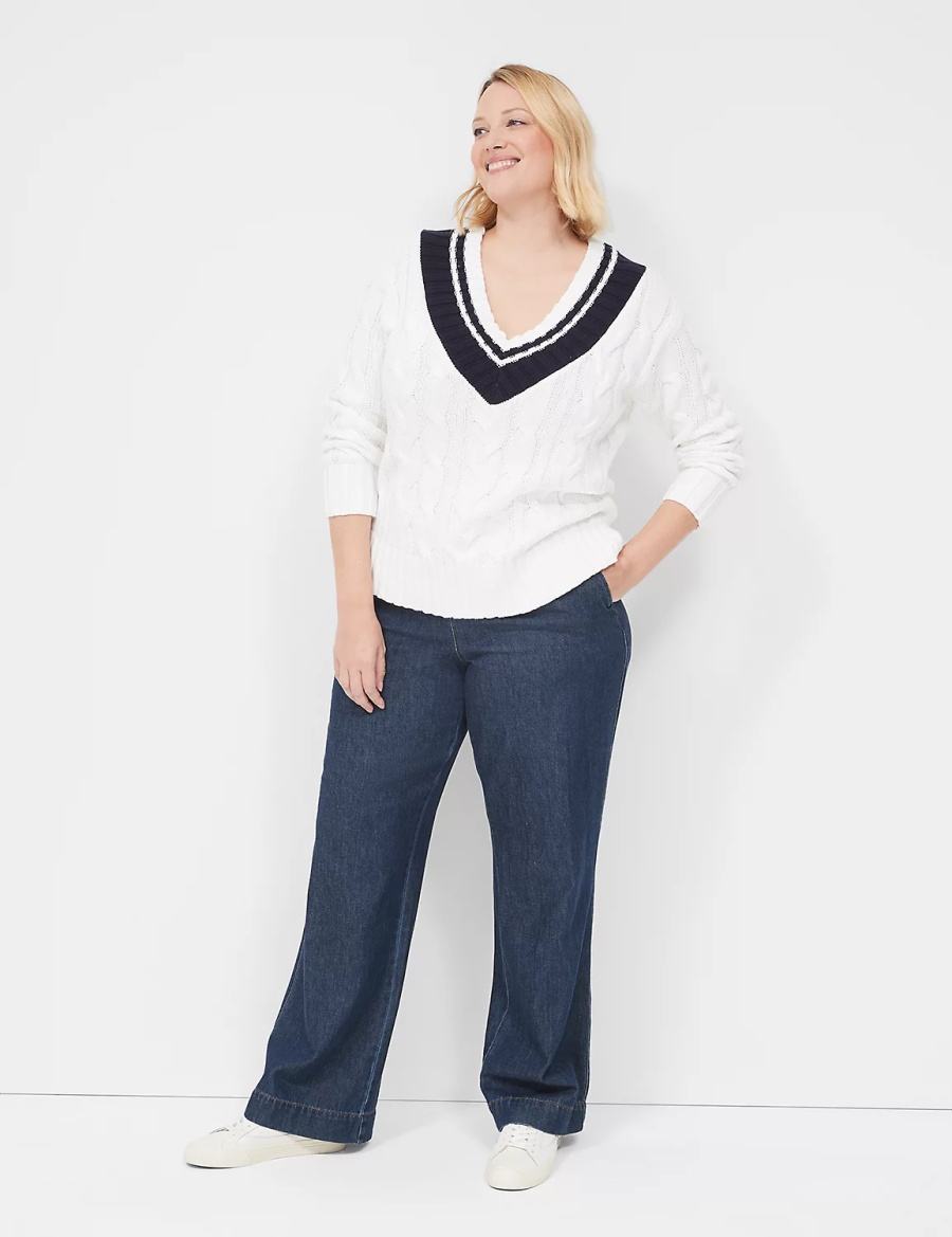 White Lane Bryant V-Neck Cable Pullover Women Sweaters | GUE3790ET