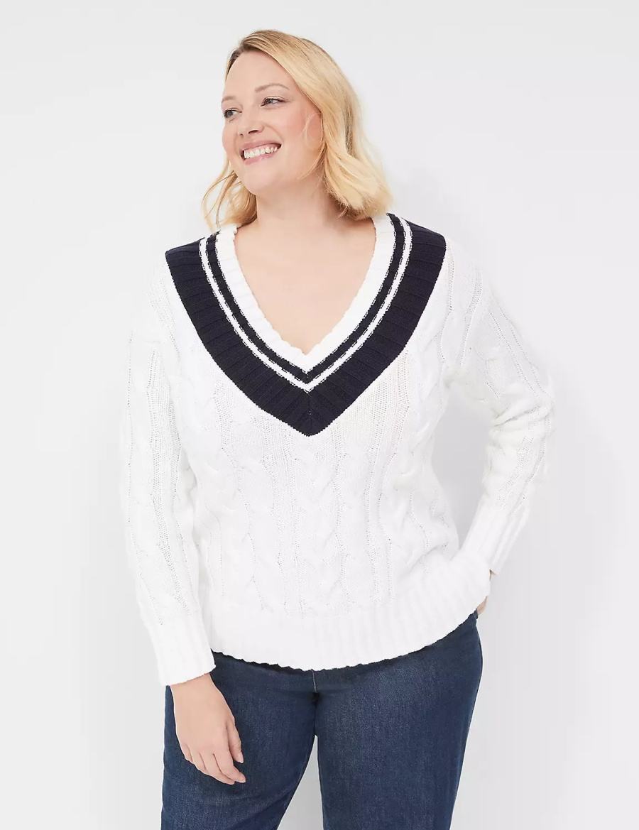 White Lane Bryant V-Neck Cable Pullover Women Sweaters | GUE3790ET