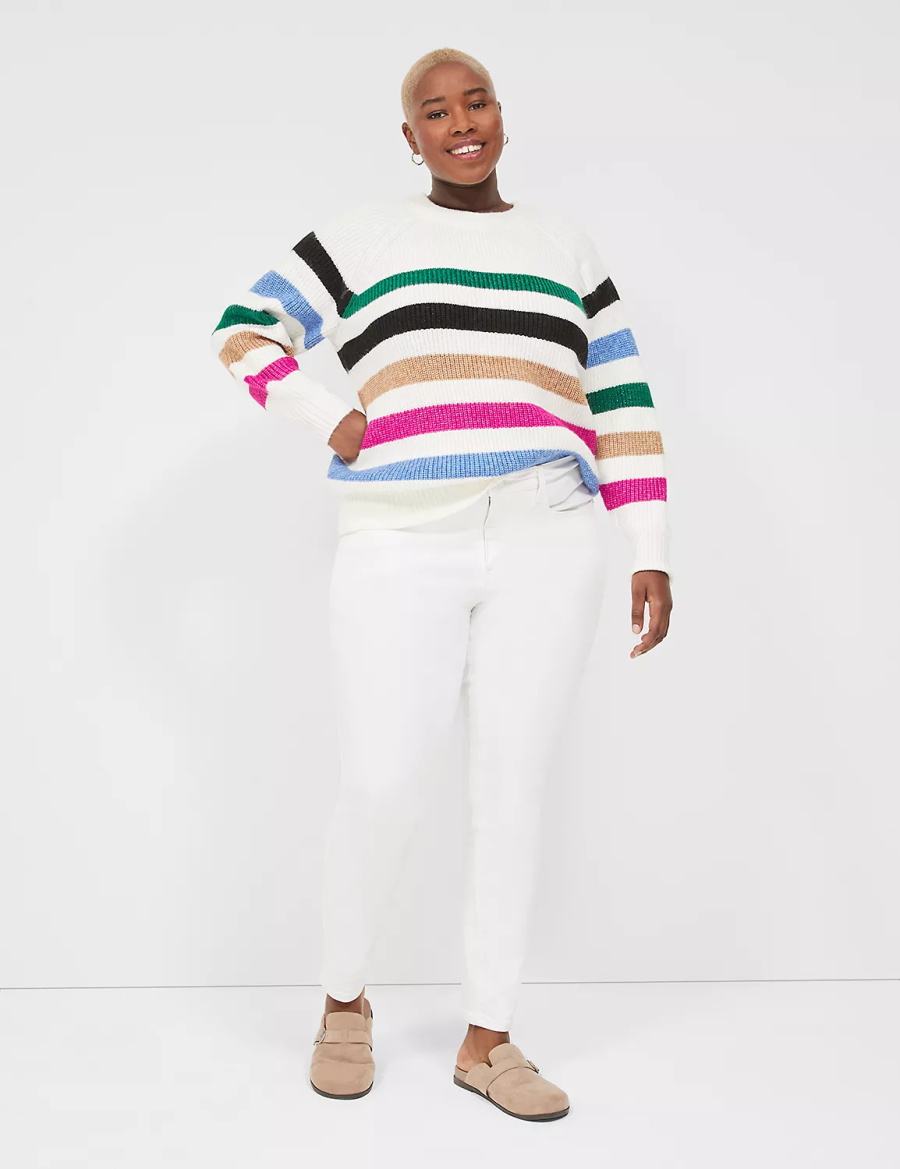 White Stripes Lane Bryant Lurex Stripe Crew-Neck Women Sweaters | ARD7377IV