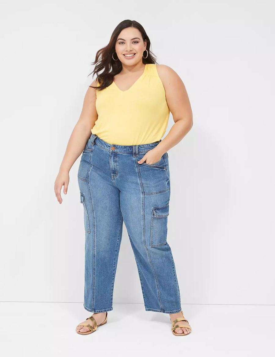 Yellow Lane Bryant Shirred-Shoulder V-Neck Women Tank Top | FFM899EQ