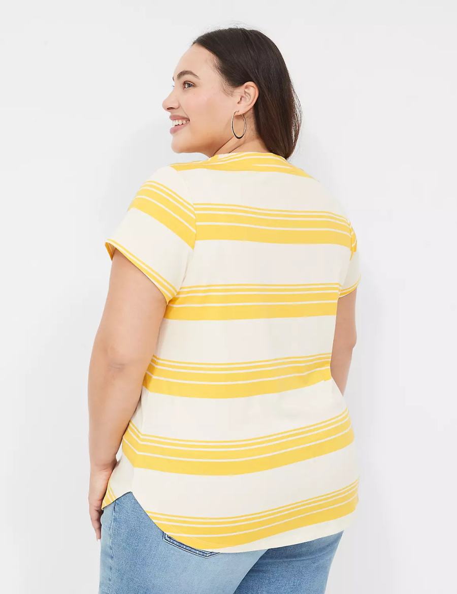 Yellow Stripes Lane Bryant Short Sleeve V-Neck Top Women T Shirts | ROS8264CF