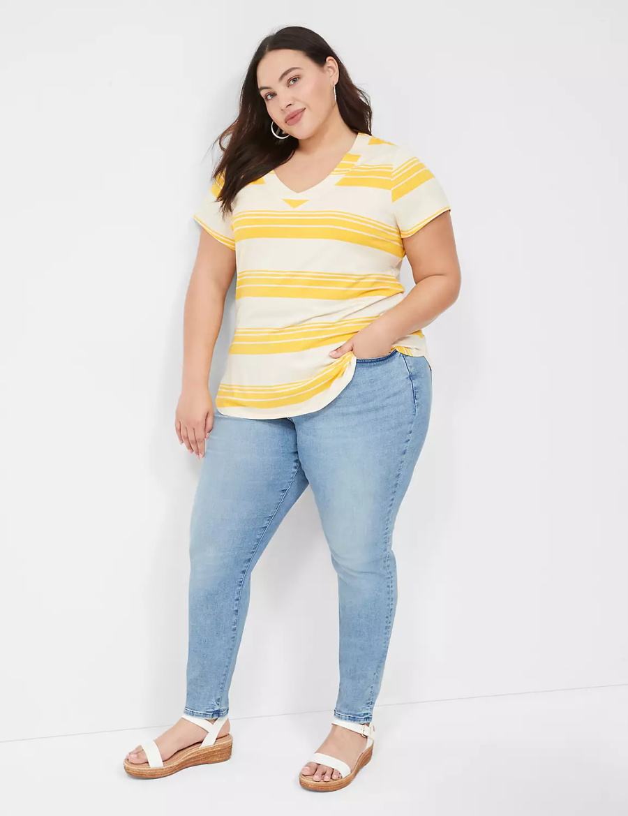 Yellow Stripes Lane Bryant Short Sleeve V-Neck Top Women T Shirts | ROS8264CF